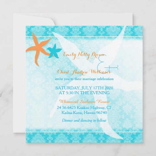 Invitation Orange Turquoise Blue Starfish Mariage plage Pair (Devant)