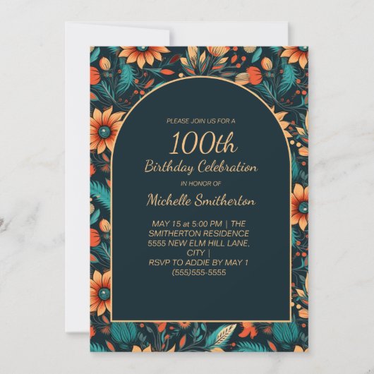 Invitation Orange Turquoise Fleurs Noir 100e Anniversaire Arc (Devant)