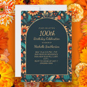 Invitation Orange Turquoise Fleurs Noir 100e Anniversaire Arc