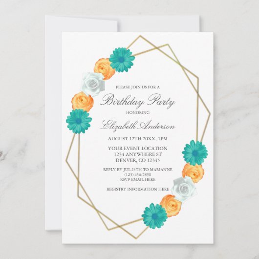 Invitation Orange Turquoise Floral Géométrique (Devant)