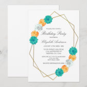 Invitation Orange Turquoise Floral Géométrique (Devant / Derrière)