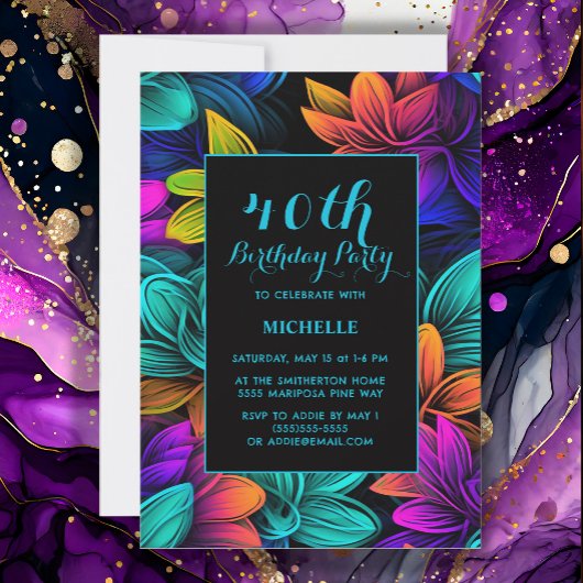 Invitation Orange Turquoise Purple Neon Flowers 40e anniversa