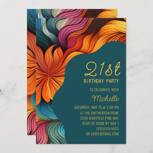 Invitation Orange Turquoise Retro courbes psychédéliques Anni (Devant / Derrière)