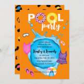 Invitation Orange Twins Pool Party Anniversaire Splash Leopar (Devant / Derrière)