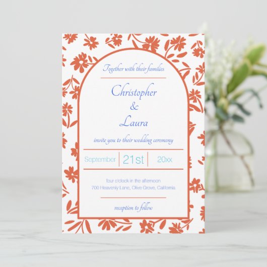 Invitation Orange Verona Sunset Flowers Mariage (Debout devant)