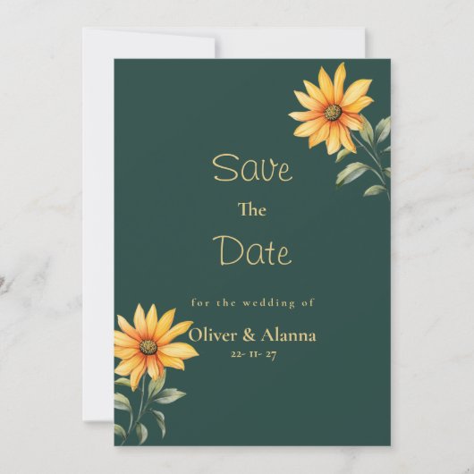 Invitation Orange vert or tournesol floral Enregistrer la dat (Devant)