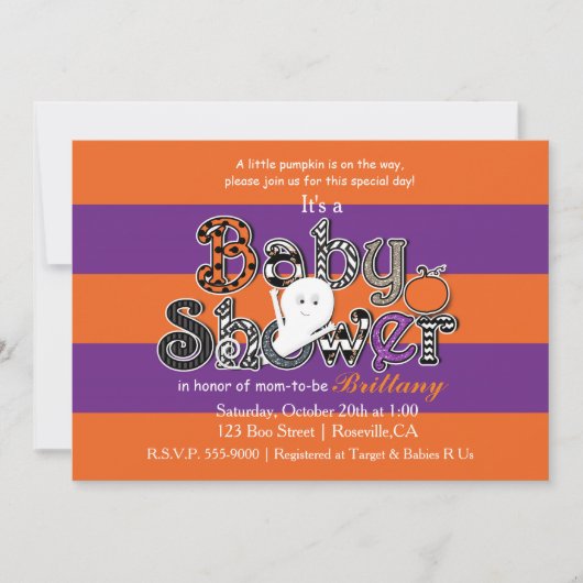 Invitation orange violet pour BABY SHOWER Hallowee (Devant)