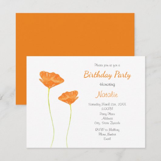 Invitation Orange Watercolor California Poppies (Devant / Derrière)