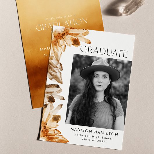 Invitation Orange Watercolor Crystal Photo Graduation Party