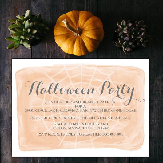 Invitation Orange Watercolor Spider Web Halloween Party