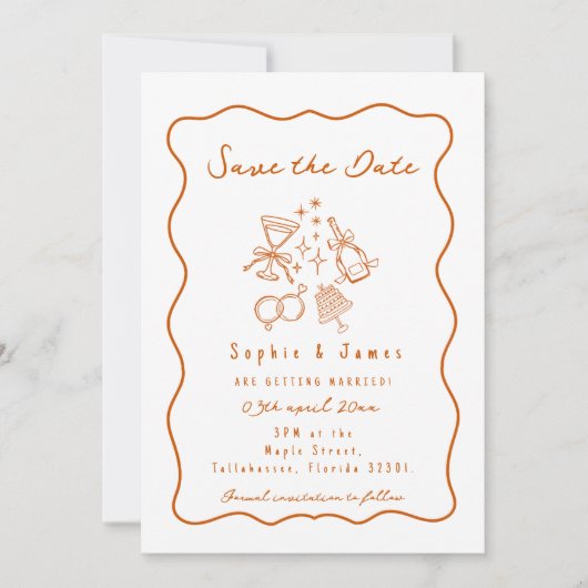 Invitation orange Whimsical Doodle Mariage tendance (Devant)