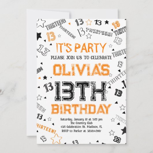 Invitation Orange White Boy Numéro Treize Anniversaire (Devant)