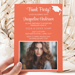 Invitation Orange White Graduation Cap Trunk Party Photo