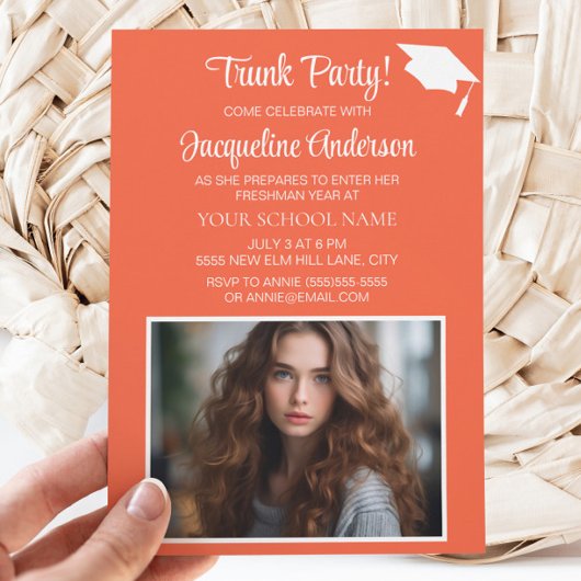 Invitation Orange White Graduation Cap Trunk Party Photo