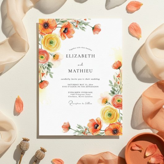 Invitation Orange Yellow Botanical Romance Wedding