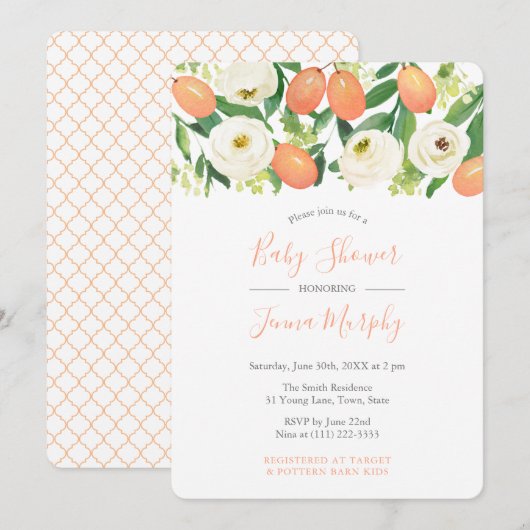 Invitation Oranges Baby shower Quatrefoil Marocain Blanc (Devant / Derrière)