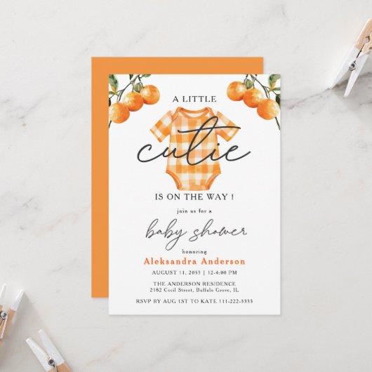Invitation Oranges d'été mignonne Baby shower de tenue de cai (Devant/Arrière en situation)