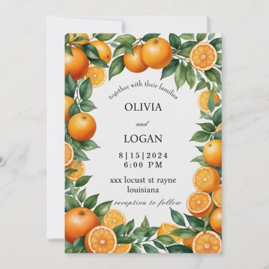 Invitation Oranges Et Feuille, Mariage Orange Vibrant (Devant)