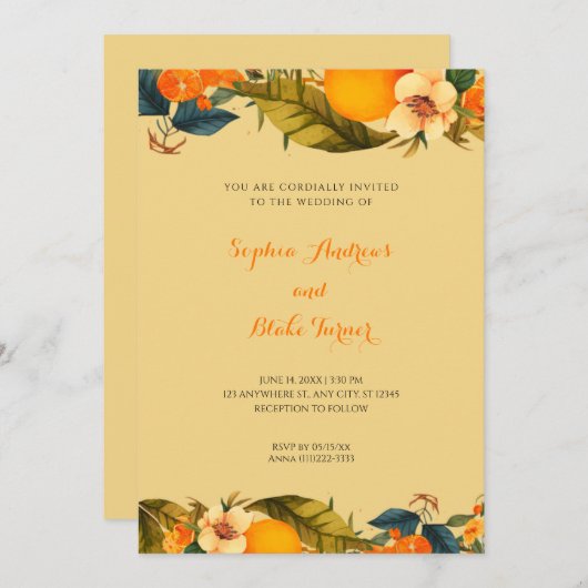 Invitation Oranges tropicales et fleurs Mariage jaune (Devant / Derrière)