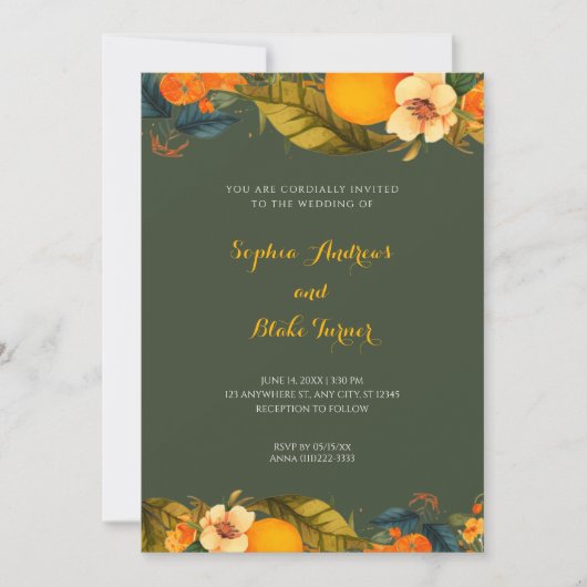 Invitation Oranges tropicales et fleurs Mariage vert (Devant)