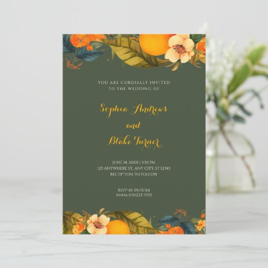 Invitation Oranges tropicales et fleurs Mariage vert (Debout devant)