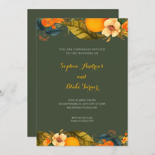 Invitation Oranges tropicales et fleurs Mariage vert (Devant / Derrière)