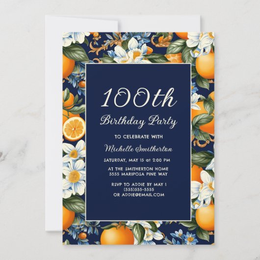 Invitation Oranges White Flowers Navy Blue 100th Birthday (Devant)