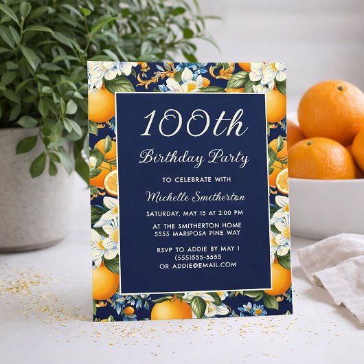 Invitation Oranges White Flowers Navy Blue 100th Birthday