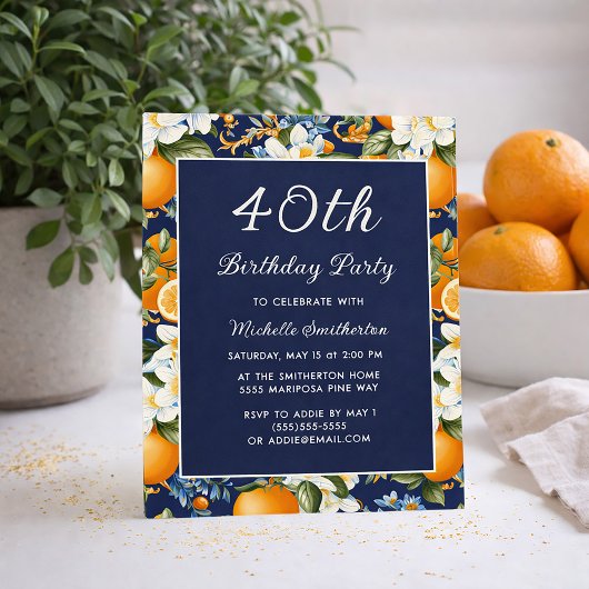 Invitation Oranges White Flowers Navy Blue 40th Birthday