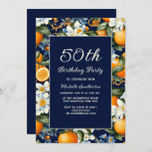 Invitation Oranges White Flowers Navy Blue 50th Birthday (Devant / Derrière)