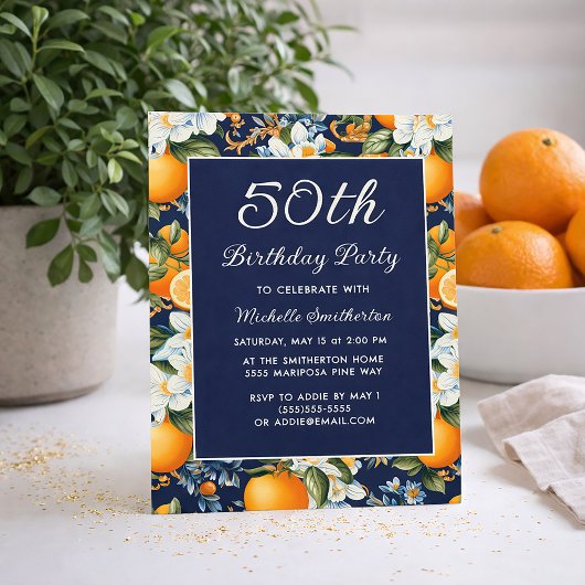 Invitation Oranges White Flowers Navy Blue 50th Birthday