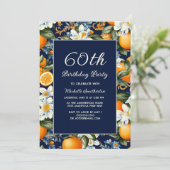 Invitation Oranges White Flowers Navy Blue 60th Birthday (Debout devant)