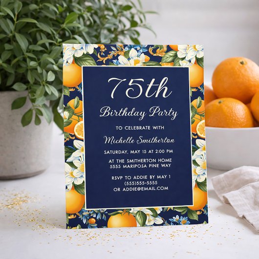 Invitation Oranges White Flowers Navy Blue 75th Birthday