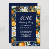 Invitation Oranges White Flowers Navy Blue 80th Birthday (Devant / Derrière)