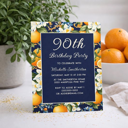 Invitation Oranges White Flowers Navy Blue 90th Birthday