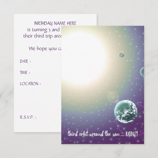 Invitation Orbite autour du soleil pour le 3e anniversaire (Devant / Derrière)