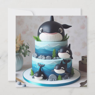 INVITATION ORCA ANNIVERSAIRE DE ENFANT DE GÂTEAU DE BALEINE