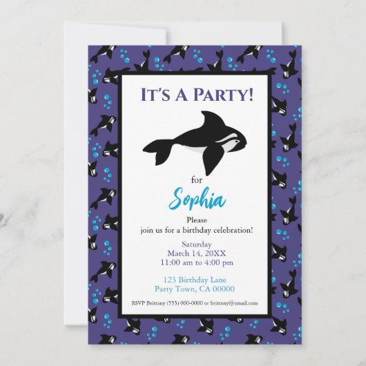 Invitation Orca Baleine violet et Motif bleu Anniversaire (Devant)