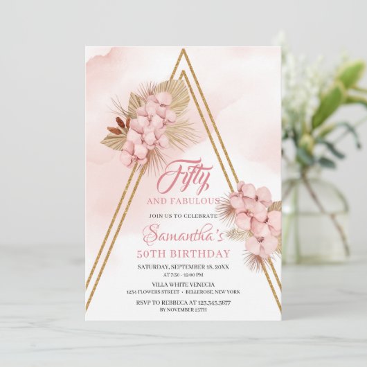 Invitation Orchidée blanche de palme séchée 50 or et Fabulos (Debout devant)