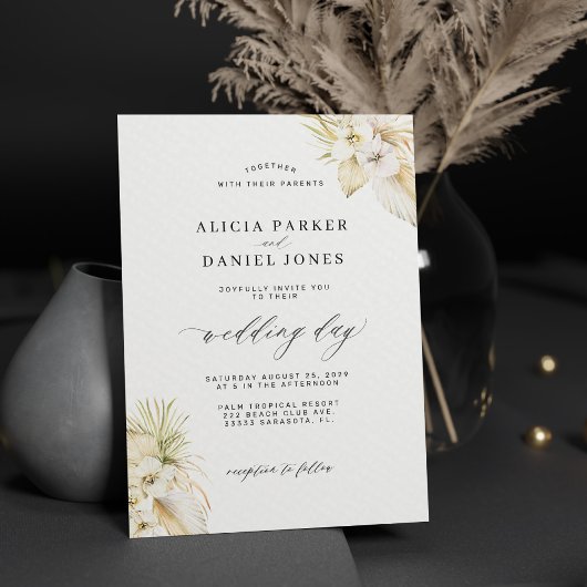 Invitation Orchidée blanche pampa tropicale herbe mariage élé