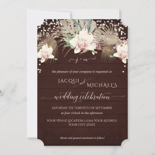 Invitation Orchidée Blanche Rustique Scintillante Fleur de Bo (Devant)