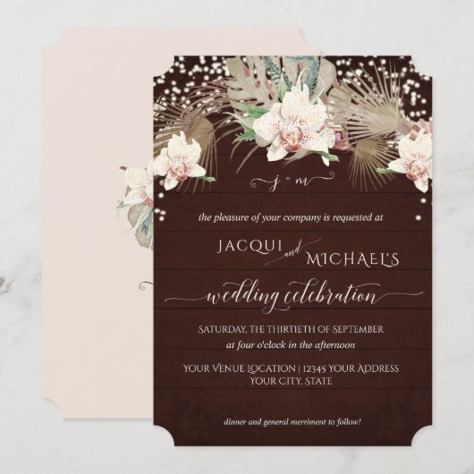 Invitation Orchidée Blanche Rustique Scintillante Fleurie Boi (Devant / Derrière)