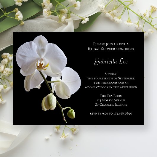 Invitation Orchidée blanche sur Fête des mariées noire