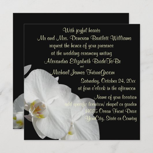 Invitation Orchidée blanche sur le noir (Devant / Derrière)
