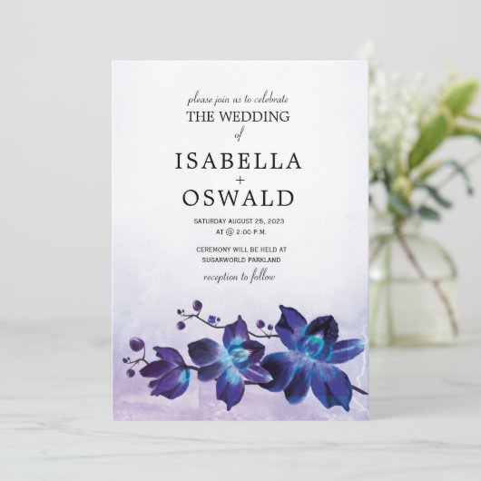 Invitation Orchidée bleue et Mariage pourpre (Debout devant)