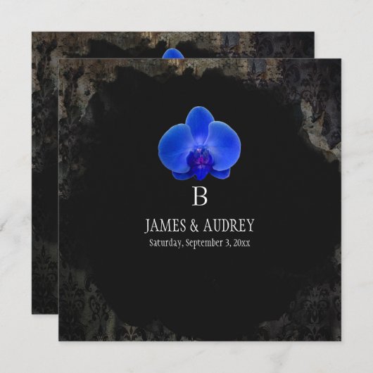Invitation Orchidée bleue PixDezines/damas noir grunge (Devant / Derrière)