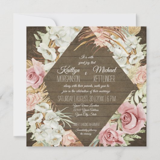 Invitation Orchidée Floral Pampas Palm Feuillage Bois rustiqu (Devant)