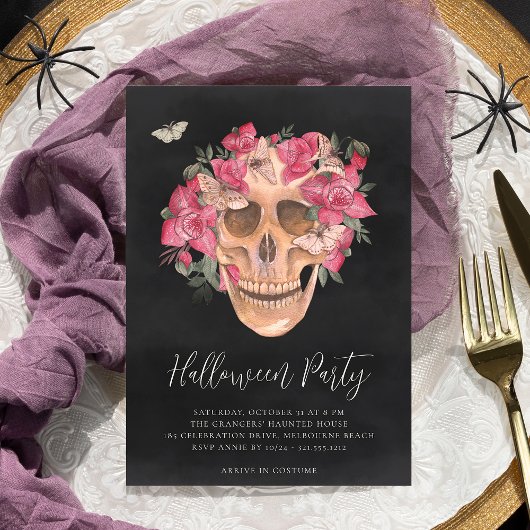 Invitation Orchidée rose Crâne floral Halloween Party
