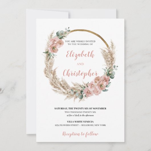 Invitation Orchidée Rose de Pampas à herbe séchée Eucalyptus (Devant)