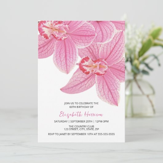 Invitation Orchidée rose douce verdure fleurie Anniversaire (Debout devant)